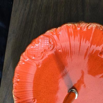 Vintage California Pottery tidbit tray with Fenton Hobnail white opalescent creamer and sugar bowl set.