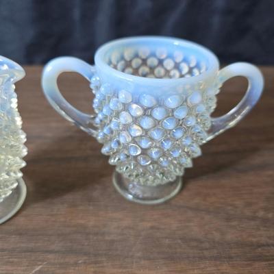 Vintage California Pottery tidbit tray with Fenton Hobnail white opalescent creamer and sugar bowl set.