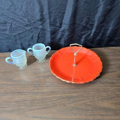 Vintage California Pottery tidbit tray with Fenton Hobnail white opalescent creamer and sugar bowl set.