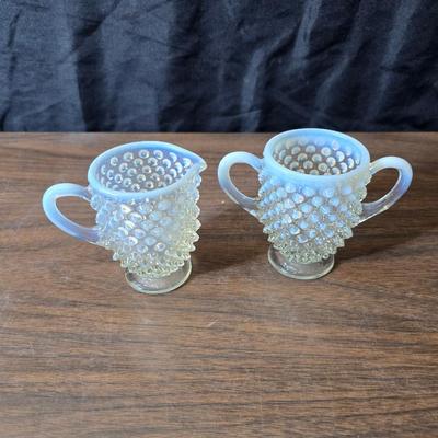 Vintage California Pottery tidbit tray with Fenton Hobnail white opalescent creamer and sugar bowl set.