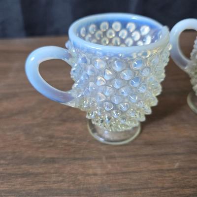 Vintage California Pottery tidbit tray with Fenton Hobnail white opalescent creamer and sugar bowl set.