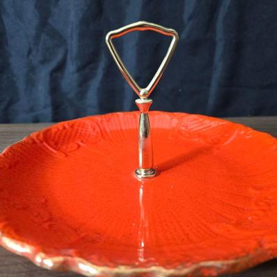 Vintage California Pottery tidbit tray with Fenton Hobnail white opalescent creamer and sugar bowl set.