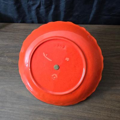 Vintage California Pottery tidbit tray with Fenton Hobnail white opalescent creamer and sugar bowl set.