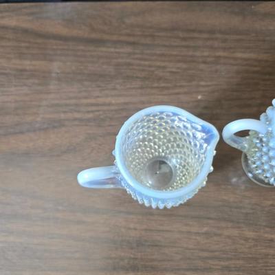 Vintage California Pottery tidbit tray with Fenton Hobnail white opalescent creamer and sugar bowl set.