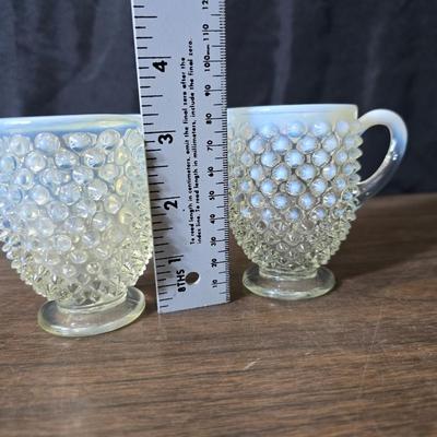 Vintage California Pottery tidbit tray with Fenton Hobnail white opalescent creamer and sugar bowl set.