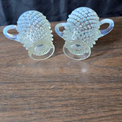 Vintage California Pottery tidbit tray with Fenton Hobnail white opalescent creamer and sugar bowl set.