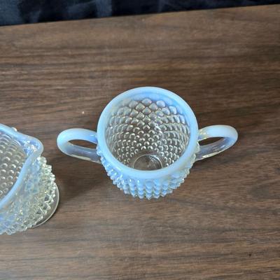 Vintage California Pottery tidbit tray with Fenton Hobnail white opalescent creamer and sugar bowl set.