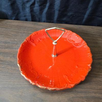 Vintage California Pottery tidbit tray with Fenton Hobnail white opalescent creamer and sugar bowl set.