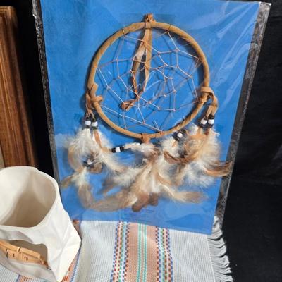 Laverne Elliott framed artwork with arrowhead and pottery - Dreamcatcher s- hand carved & painted candle sconces and a leanin'...