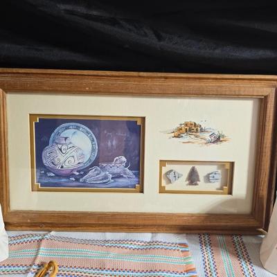 Laverne Elliott framed artwork with arrowhead and pottery - Dreamcatcher s- hand carved & painted candle sconces and a leanin'...