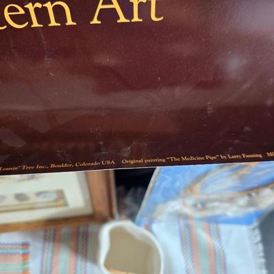 Laverne Elliott framed artwork with arrowhead and pottery - Dreamcatcher s- hand carved & painted candle sconces and a leanin'...