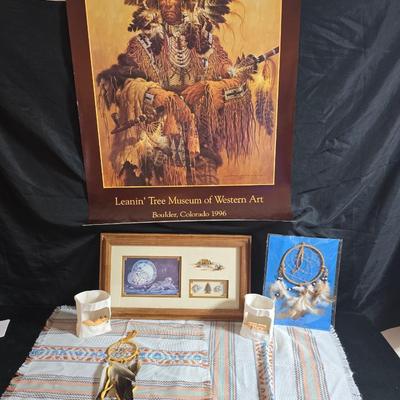 Laverne Elliott framed artwork with arrowhead and pottery - Dreamcatcher s- hand carved & painted candle sconces and a leanin'...