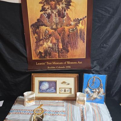 Laverne Elliott framed artwork with arrowhead and pottery - Dreamcatcher s- hand carved & painted candle sconces and a leanin'...