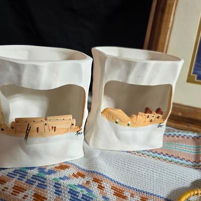 Laverne Elliott framed artwork with arrowhead and pottery - Dreamcatcher s- hand carved & painted candle sconces and a leanin'...