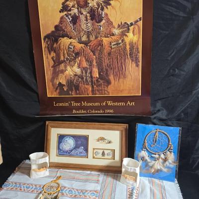 Laverne Elliott framed artwork with arrowhead and pottery - Dreamcatcher s- hand carved & painted candle sconces and a leanin'...