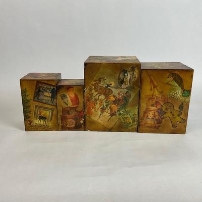 Z596 Set of Vintage Old Christmas Litho Wooden Stacking Boxes