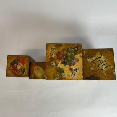 Z596 Set of Vintage Old Christmas Litho Wooden Stacking Boxes