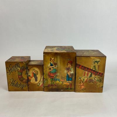 Z596 Set of Vintage Old Christmas Litho Wooden Stacking Boxes