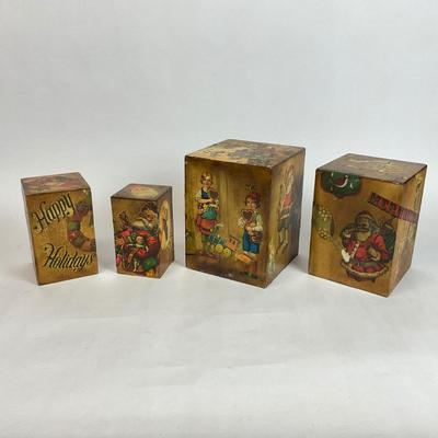 Z596 Set of Vintage Old Christmas Litho Wooden Stacking Boxes