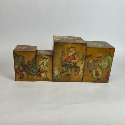 Z596 Set of Vintage Old Christmas Litho Wooden Stacking Boxes