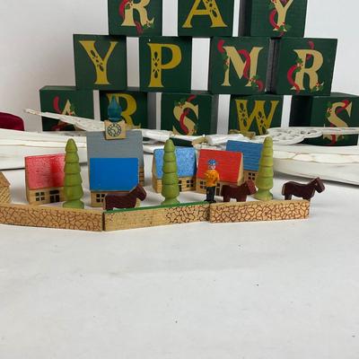 Z598 Wooden Christmas Decor Lot with Miniature Tree and Ornaments