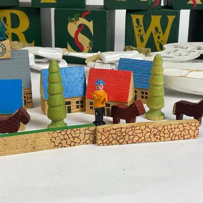 Z598 Wooden Christmas Decor Lot with Miniature Tree and Ornaments