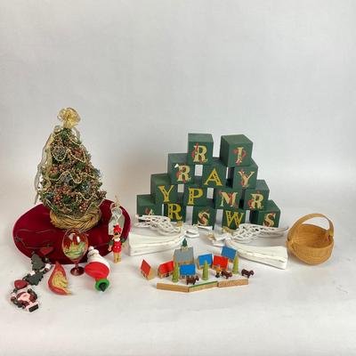 Z598 Wooden Christmas Decor Lot with Miniature Tree and Ornaments