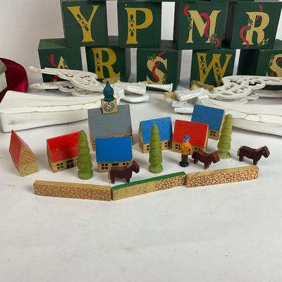 Z598 Wooden Christmas Decor Lot with Miniature Tree and Ornaments