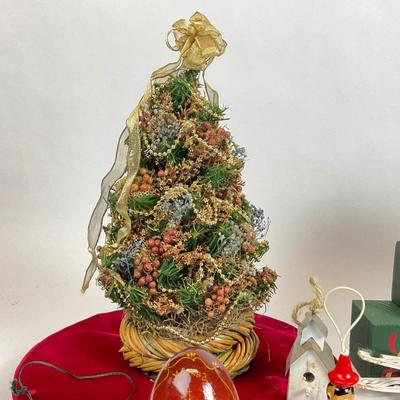 Z598 Wooden Christmas Decor Lot with Miniature Tree and Ornaments