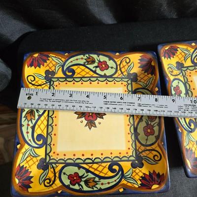 Beautiful Corsica platter with two matching smaller square platters and a green colored apron