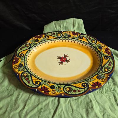 Beautiful Corsica platter with two matching smaller square platters and a green colored apron