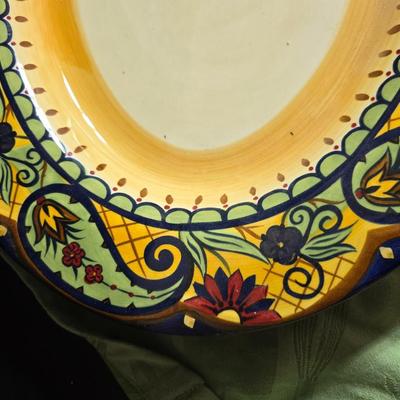 Beautiful Corsica platter with two matching smaller square platters and a green colored apron