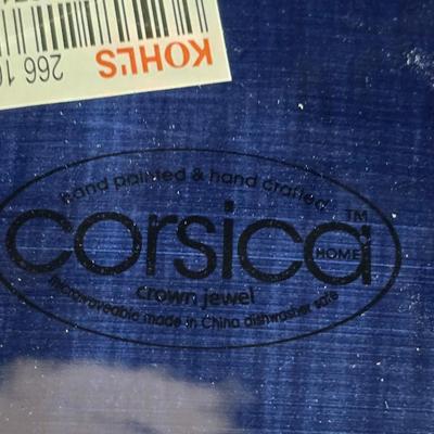 Beautiful Corsica platter with two matching smaller square platters and a green colored apron