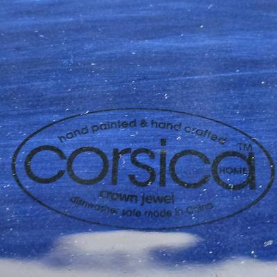 Beautiful Corsica platter with two matching smaller square platters and a green colored apron