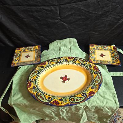Beautiful Corsica platter with two matching smaller square platters and a green colored apron