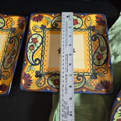 Beautiful Corsica platter with two matching smaller square platters and a green colored apron