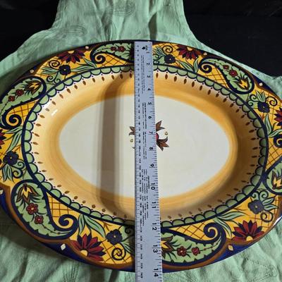 Beautiful Corsica platter with two matching smaller square platters and a green colored apron