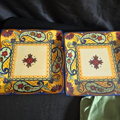 Beautiful Corsica platter with two matching smaller square platters and a green colored apron