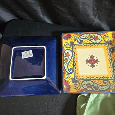 Beautiful Corsica platter with two matching smaller square platters and a green colored apron