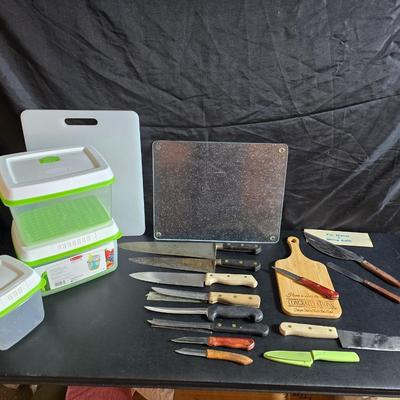 Cutting boards, Knives and nice plastic rubbermaid fresh works food storage containers