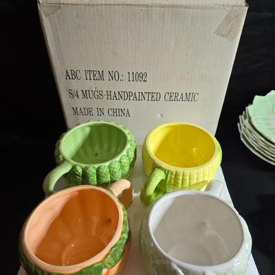 Fun dinnerware - Vegetable mugs and flower bowls with leaf plates