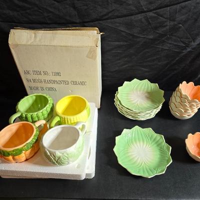Fun dinnerware - Vegetable mugs and flower bowls with leaf plates