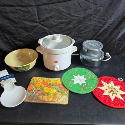 Small Rival crockpot with glass lidded leftover containers, quilted hot pads, spoon rest and more