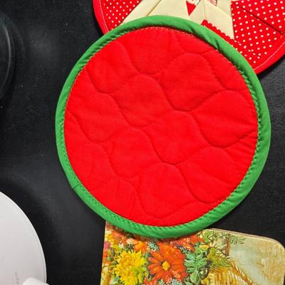 Small Rival crockpot with glass lidded leftover containers, quilted hot pads, spoon rest and more