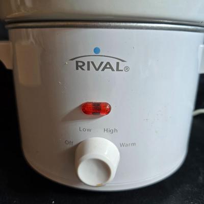 Small Rival crockpot with glass lidded leftover containers, quilted hot pads, spoon rest and more