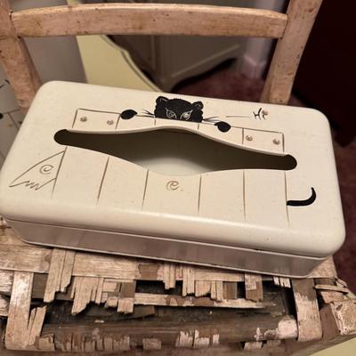 Kitschy Stool and Vintage Trash Can Tissue Box