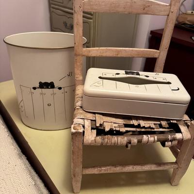 Kitschy Stool and Vintage Trash Can Tissue Box