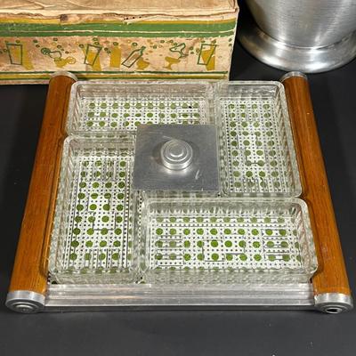 Lot 228: Vintage Entertaining Lot - Kromex Ice Bucket, Soda King Seltzer Bottle, Inland Glass Coffee Carafe, Condiment Tray