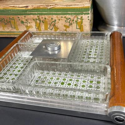 Lot 228: Vintage Entertaining Lot - Kromex Ice Bucket, Soda King Seltzer Bottle, Inland Glass Coffee Carafe, Condiment Tray