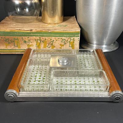 Lot 228: Vintage Entertaining Lot - Kromex Ice Bucket, Soda King Seltzer Bottle, Inland Glass Coffee Carafe, Condiment Tray